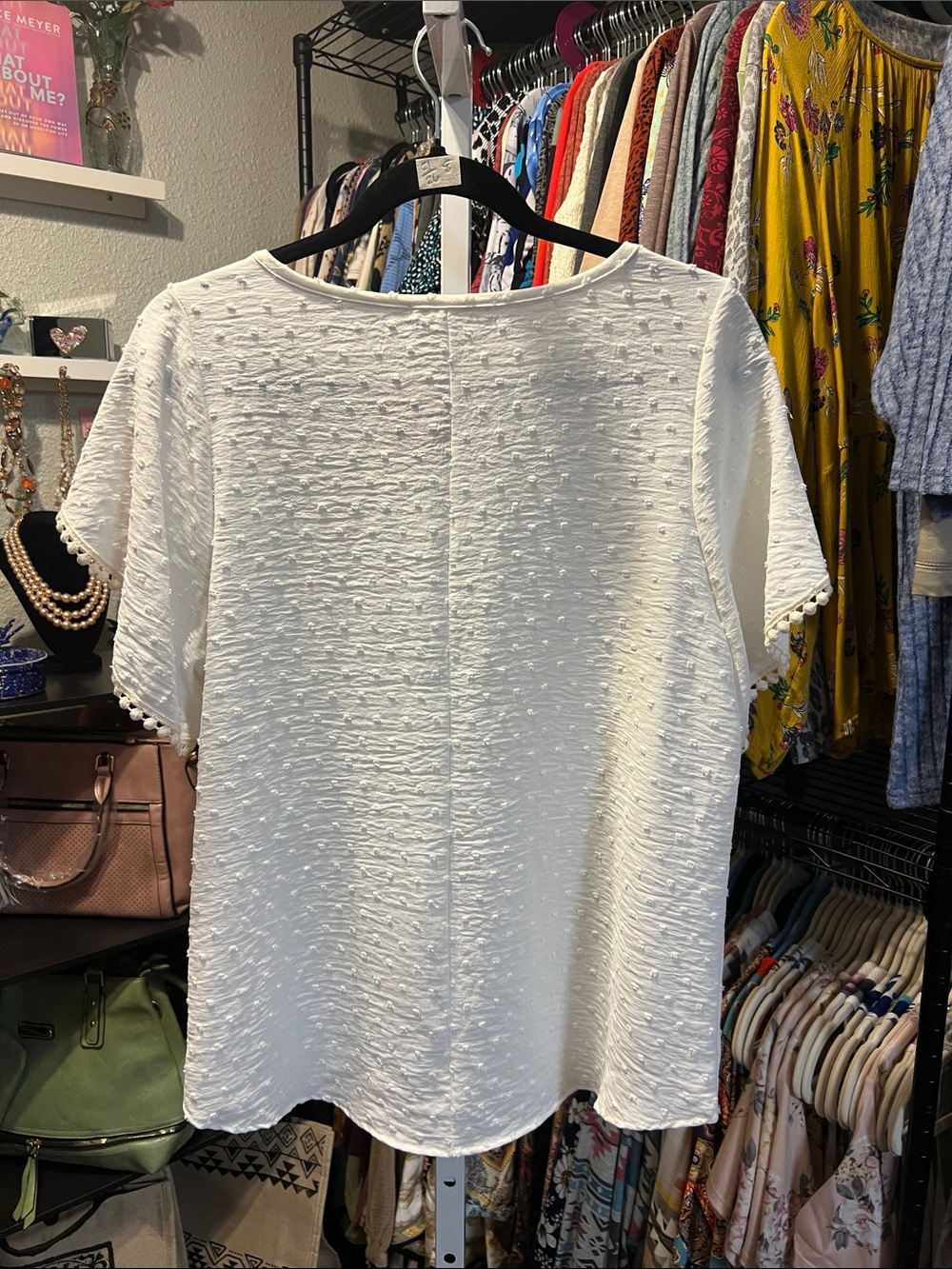 Orange Farm USA Swiss Dot White Textured Women Top - Picture 2 of 5